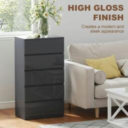 Rackhams 5-Drawer Modern Dresser, High Gloss Storage Drawer Unit for Bedroom, Grey - thumbnail 5