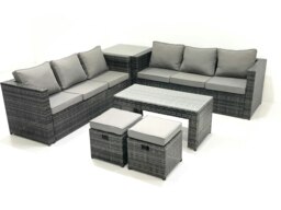 Rackhams Garden Outdoor Rattan Furniture Set with Sofa Coffee table 2 Small Footstools Side Table Dark Grey Mixed - thumbnail 2
