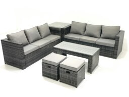 Rackhams Garden Outdoor Rattan Furniture Set with Sofa Coffee table 2 Small Footstools Side Table Dark Grey Mixed - thumbnail 1