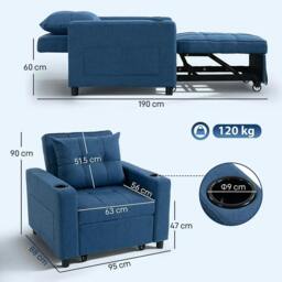Rackhams 3-in-1 Single Sofa Bed, Convertible Sleeper Chair Bed - Dark Blue - thumbnail 2