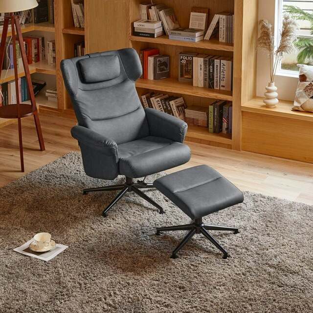 Rackhams Livingandhome Black/Grey/Brown Faux Leather Swivel?Armchair with Footstool - Grey - image 1
