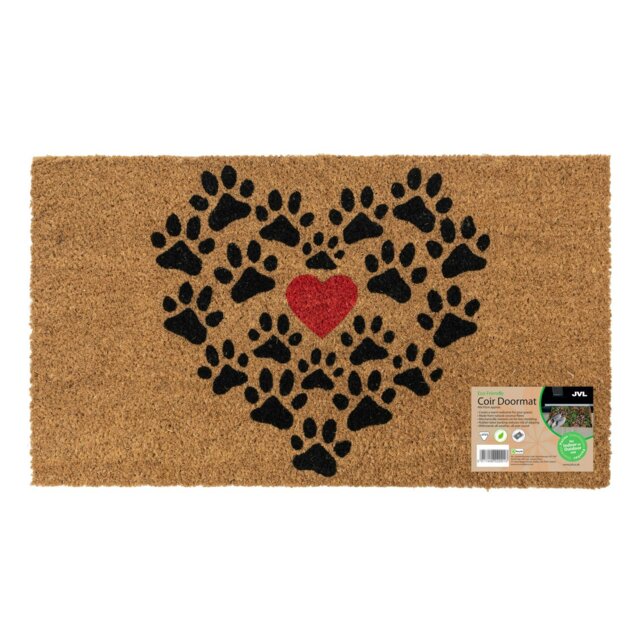 Rackhams Eco-Friendly Latex Backed Coir Entrance Doormat, 40x70cm - Heart Paws - 1 - Brown - image 1