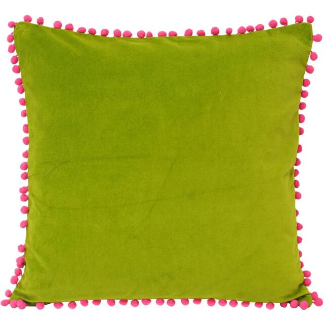 Rackhams Velvet Pompom Cushion Cover - Green/Fuchsia - 45x45cm - Green/Fuchsia - 100% Cotton - image 1