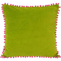 Rackhams Velvet Pompom Cushion Cover - Green/Fuchsia - 45x45cm - Green/Fuchsia - 100% Cotton