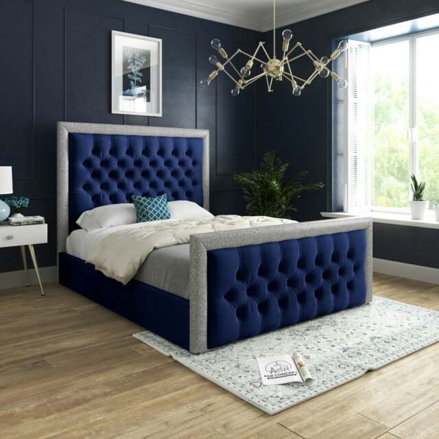 Rackhams Venice Glitter Border Upholstered Soft Velvet Bed Frame - Blue - Blue - Small double - image 1