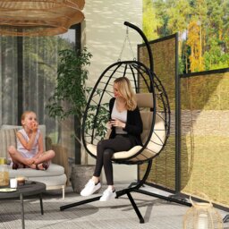 Rackhams Garden Egg Chair Outdoor Hanging Swing Chair, Folding Basket, Grey - Khaki - thumbnail 1