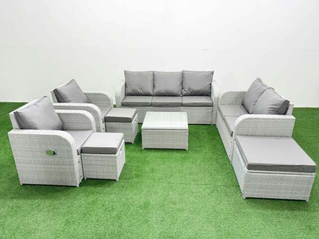 Rackhams PE Rattan Garden Furniture Set Adjustable Chair Sofa Double Love Seat 2 Seater Sofa Lounge Set Square Coffee Table 3 Stools Light Grey - image 1