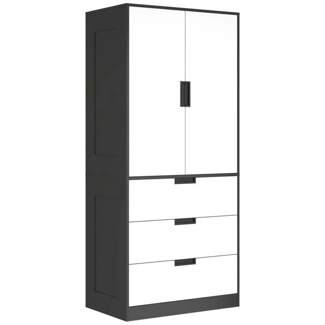 Rackhams 2 Door Wardrobe, Modern Wardrobe with 3 Drawers and Hanging Rod for Bedroom, Black - image 1