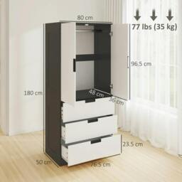 Rackhams 2 Door Wardrobe, Modern Wardrobe with 3 Drawers and Hanging Rod for Bedroom, Black - thumbnail 3