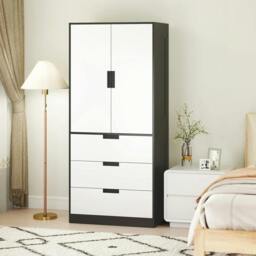 Rackhams 2 Door Wardrobe, Modern Wardrobe with 3 Drawers and Hanging Rod for Bedroom, Black - thumbnail 2