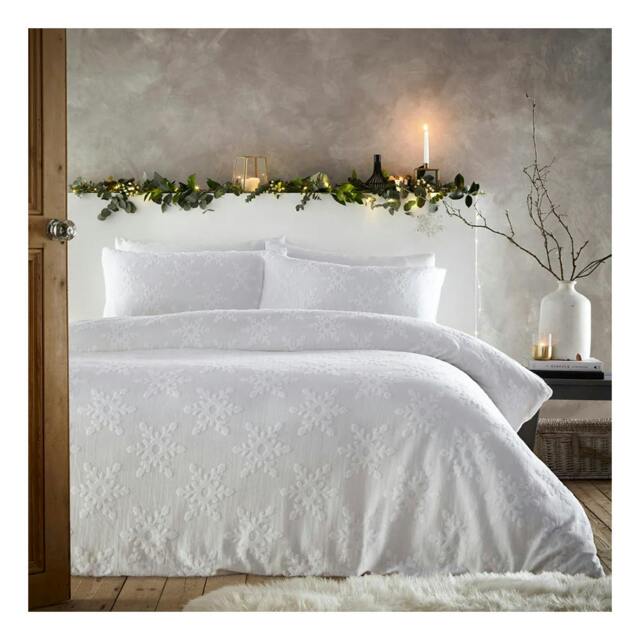 Rackhams Tufted Cotton Snowflake Duvet Cover Set - White - Double - White - 100% Cotton - image 1