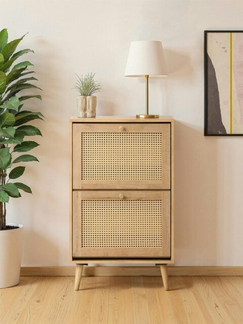 Rackhams Manila Rattan 2 Door Flip Down Shoe Storage Cabinet - Oak and PVC Rattan
