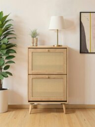 Rackhams Manila Rattan 2 Door Flip Down Shoe Storage Cabinet - Oak and PVC Rattan