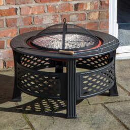 Rackhams 80x58cm Black Steel Garden Patio Firepit Heater BBQ with Cover - thumbnail 1