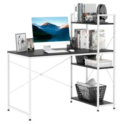 Rackhams Computer Desk Laptop Table w/4-tier Bookshelf  Metal Frame - Black