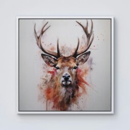 "Rackhams Watercolour Splash Art Stag Face Framed Canvas - 40"" x 40"" - White" - thumbnail 2