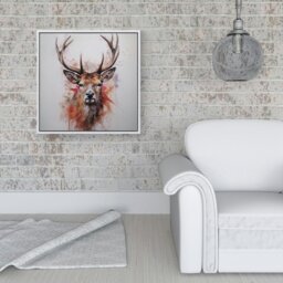 "Rackhams Watercolour Splash Art Stag Face Framed Canvas - 40"" x 40"" - White" - thumbnail 1