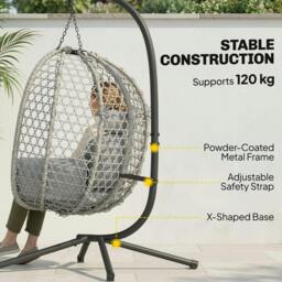 Rackhams Hanging Egg Chair, Rattan Swing Chair with Stand - Dark Grey - thumbnail 5