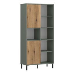 Rackhams Darwin Bookcase 2 Door in Green/Oak - Green/Oak - Wood - 1