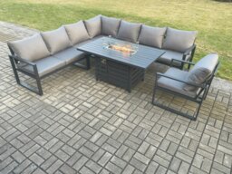 Rackhams Aluminium 7 Pieces Garden Furniture Corner Sofa Set with Cushions Gas Fire Pit Dining Table Set Gas Heater Burner with Chair Dark Grey - thumbnail 1