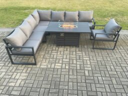 Rackhams Aluminium 7 Pieces Garden Furniture Corner Sofa Set with Cushions Gas Fire Pit Dining Table Set Gas Heater Burner with Chair Dark Grey - thumbnail 2