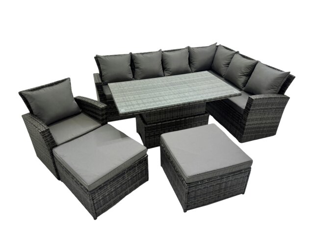 Rackhams 9 Seat Rattan Garden Furniture Corner Sofa Set Outdoor Adjustable Lifting Dining or Coffee Table Set with 2 Big Footstools Dark Grey Mixed - image 1