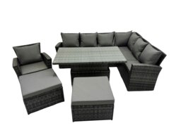 Rackhams 9 Seat Rattan Garden Furniture Corner Sofa Set Outdoor Adjustable Lifting Dining or Coffee Table Set with 2 Big Footstools Dark Grey Mixed - thumbnail 2