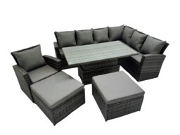 Rackhams 9 Seat Rattan Garden Furniture Corner Sofa Set Outdoor Adjustable Lifting Dining or Coffee Table Set with 2 Big Footstools Dark Grey Mixed - thumbnail 1