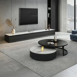Rackhams Kahoo Nesting Coffee Table, TV Stand, Sintered Stone - NO TV Stand - Both Black With Gold Line Tops - thumbnail 2