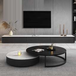 Rackhams Kahoo Nesting Coffee Table, TV Stand, Sintered Stone - NO TV Stand - Both Black With Gold Line Tops - thumbnail 3