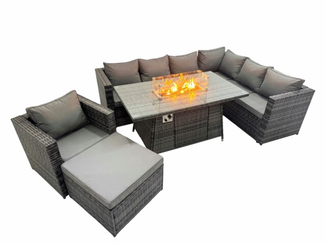 Rackhams Garden Rattan Furniture Set 8 Seater Outdoor Corner Sofa Chair Gas Fire Pit Dining Table Set with Big Stool Dark Grey - image 1
