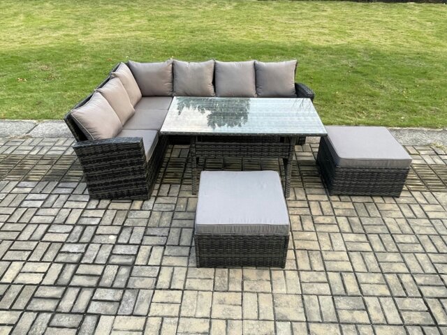 Rackhams 8 Seater High Back Rattan Garden Furniture Set Corner Sofa With Rectangular Dining Table 2 Big Footstool Dark Grey Mixed - image 1