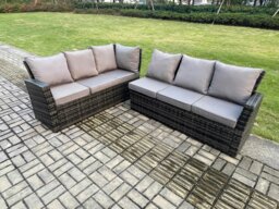 Rackhams 8 Seater High Back Rattan Garden Furniture Set Corner Sofa With Rectangular Dining Table 2 Big Footstool Dark Grey Mixed - thumbnail 2