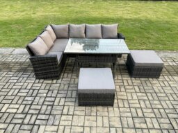 Rackhams 8 Seater High Back Rattan Garden Furniture Set Corner Sofa With Rectangular Dining Table 2 Big Footstool Dark Grey Mixed - thumbnail 1