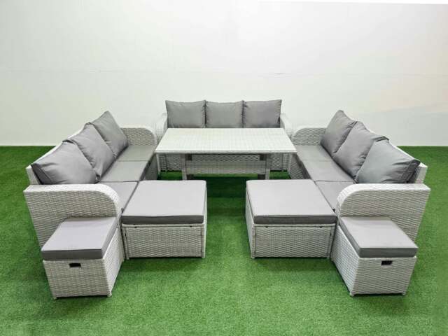 Rackhams PE Rattan Lounge Sofa Set 10 Seater Outdoor Garden Furniture Set with Dining Table 3 Seater Sofa 2 Big Footstools Light Grey - image 1