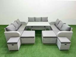 Rackhams PE Rattan Lounge Sofa Set 10 Seater Outdoor Garden Furniture Set with Dining Table 3 Seater Sofa 2 Big Footstools Light Grey - thumbnail 1