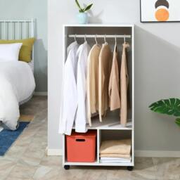 Rackhams Open Wardrobe on Wheels, Bedroom Wardrobe with Clothes Hanging Rail, 2 Storage Shelves, Mobile Garment Rack for Cloakroom, Hallway, White - thumbnail 4
