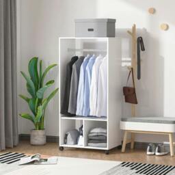 Rackhams Open Wardrobe on Wheels, Bedroom Wardrobe with Clothes Hanging Rail, 2 Storage Shelves, Mobile Garment Rack for Cloakroom, Hallway, White - thumbnail 2