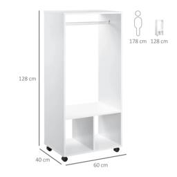 Rackhams Open Wardrobe on Wheels, Bedroom Wardrobe with Clothes Hanging Rail, 2 Storage Shelves, Mobile Garment Rack for Cloakroom, Hallway, White - thumbnail 3