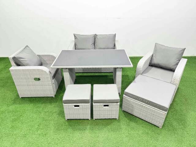 Rackhams Outdoor Rattan Garden Furniture Dining Set 7 seater Patio Rectangular Table Love Sofa Reclining Chair Set with 3 Stools - image 1