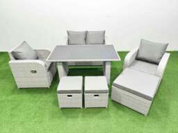 Rackhams Outdoor Rattan Garden Furniture Dining Set 7 seater Patio Rectangular Table Love Sofa Reclining Chair Set with 3 Stools - thumbnail 1