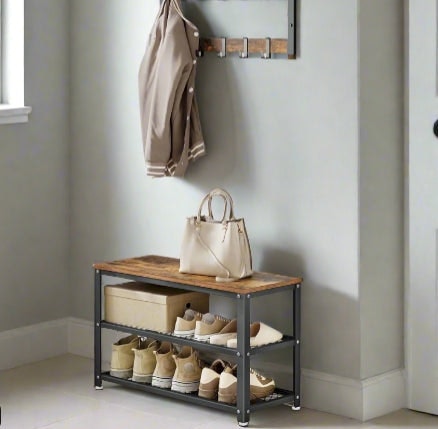 Rackhams Industrial Style Shoe Bench with 2 Shelves and Steel Structure - image 1