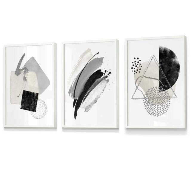 Rackhams Abstract Grey Black and Silver Set of 3 Framed Wall Art Prints - 42x59cm (A2) - White - image 1