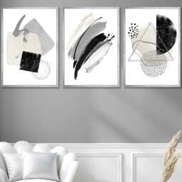 Rackhams Abstract Grey Black and Silver Set of 3 Framed Wall Art Prints - 42x59cm (A2) - White - thumbnail 2