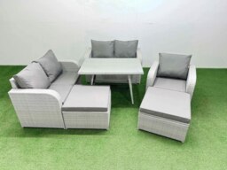 Rackhams 7 Seater Outdoor Rattan Garden Furniture Set Love Sofa Reclining Chair Set with Rectangular Dining Table 2 Big Footstools Light Grey - thumbnail 1