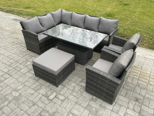 Rackhams Dark Grey Mixed PE Rattan Outdoor Dining Set - Height Adjustable Lifting Table, Big Footstool & 2 Armchairs - image 1