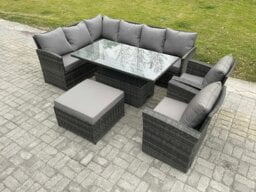 Rackhams Dark Grey Mixed PE Rattan Outdoor Dining Set - Height Adjustable Lifting Table, Big Footstool & 2 Armchairs - thumbnail 1