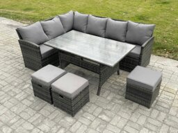 Rackhams Outdoor Rattan Garden Furniture Corner Sofa Set with Rectangular Dining Table 3 Small Footstools Patio Wicker Rattan Set Dark Grey Mixed - thumbnail 1