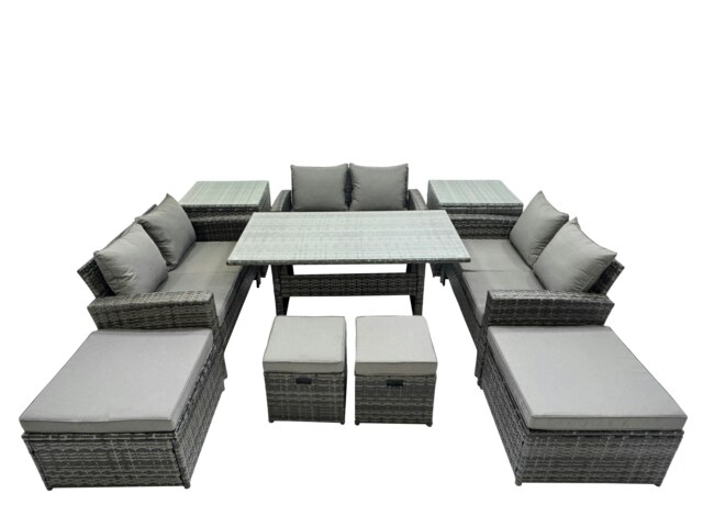 Rackhams 10 Seater Wicker PE Rattan Furniture Outdoor Dining Table Double Seat Sofa 2 Side Tables 4 Stools Set Dark Grey Mixed - image 1