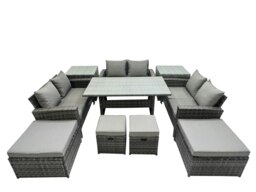 Rackhams 10 Seater Wicker PE Rattan Furniture Outdoor Dining Table Double Seat Sofa 2 Side Tables 4 Stools Set Dark Grey Mixed - thumbnail 1
